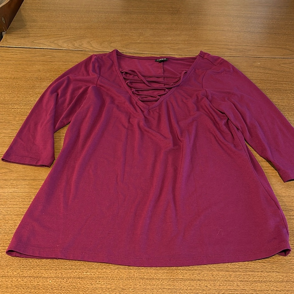 Torrid Top Womens 0x Purple Berry Lattice Strappy Casual V-Neck Stretch Soft